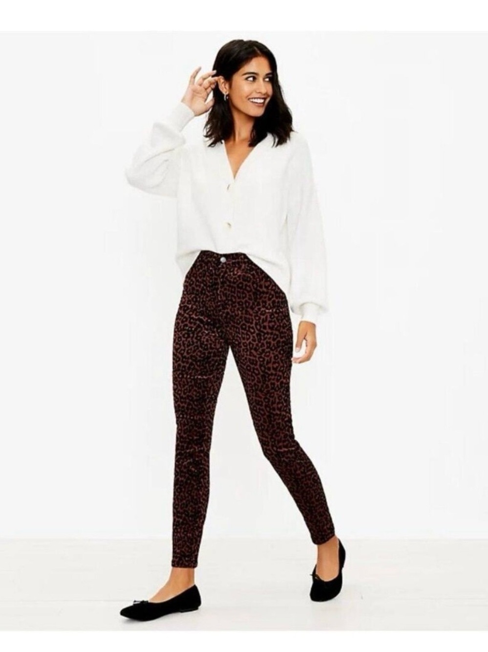 Loft Brown Leopard Print Skinny High Rise Corduroy Pants Size 26/2